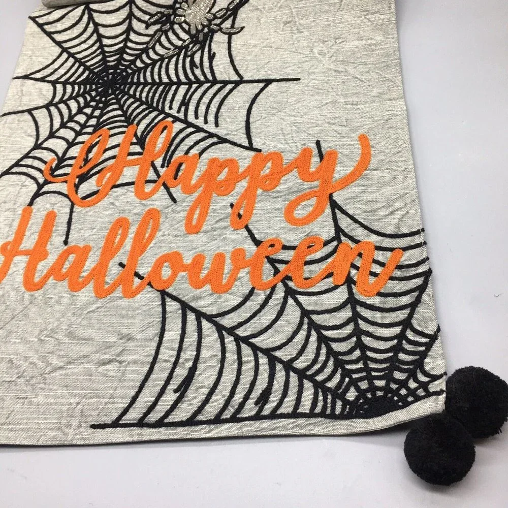 Rachel Zoe Happy Halloween Beaded Spider Table Runner Spiderweb Poms Decor 72